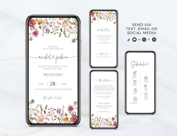Wildflower Wedding Invitation Template, Digital Wedding Evite, Instant Download, Templett