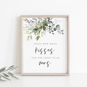 Greenery How Many Kisses vrijgezellenfeest spelsjabloon, Hershey Kisses-spel, direct downloaden, bewerken met Templett, POE