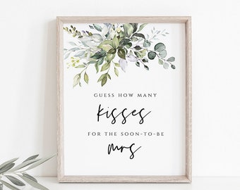 Greenery How Many Kisses Bridal Shower Game Template, Hershey Kisses Game, Instant Download, Edit with Templett, POE