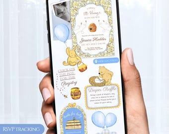 Mall för webbinbjudan till babyshower med en liten honungsbjörn, digital inbjudan till sagobok med blå ballonger och OSA- och registreringslänkar, Canva #HUN