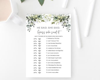 Greenery Bridal Shower Game Guess Who Said It Template: He Said She Said Game Cards, Editable Printable Template (Instant Download)