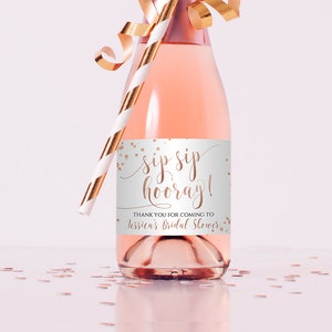 Bridal Shower Thank You Tags: Rose Gold Mini Wine Bottle Labels (Digital Download)