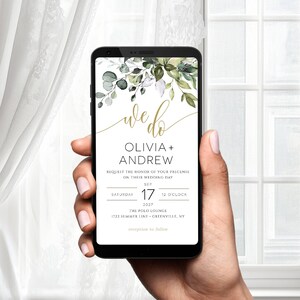 May include: A digital wedding invitation with a green and white floral design. The text reads "we do" in gold script, followed by "Olivia + Andrew". The invitation details the date, time, and location of the wedding.