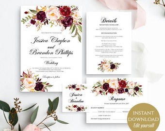 Wedding Invitation Set Template, Printable Wedding Invite, Editable Invitation Suite Template, Instant Download, Boho Chic, Burgundy Merlot
