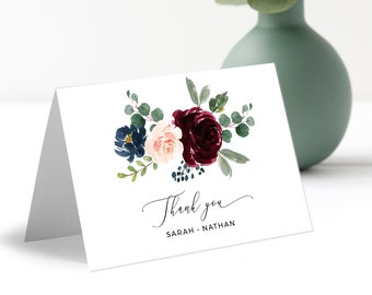 Burgundy Floral Wedding Thank You Card, Printable Folded + Flat Thank You Card, Editable, Instant Download, POM
