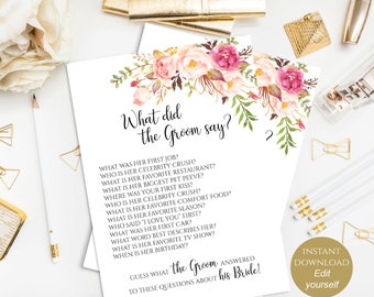 EDITABLE What did the Groom Say Game What did groom say about Bride How well couple know each other Couples shower Game Bridal Pastel Blooms