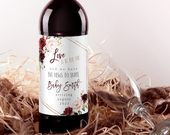 Personalized Pregnancy Announcement Wine Label Template: Red Blush Floral Decor (Digital Download)