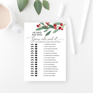 Christmas Bridal Shower Game: He Said She Said (Editable Templett)