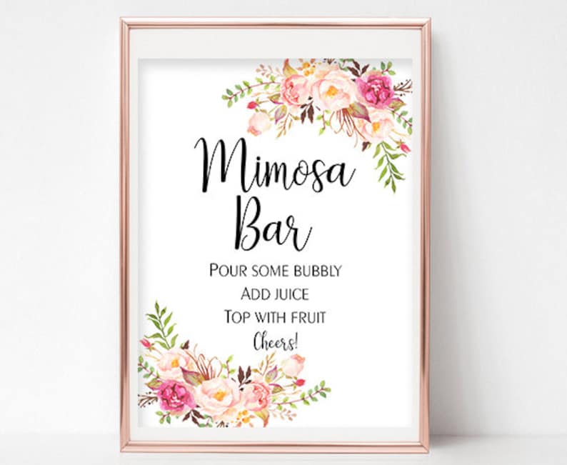 Printable Mimosa Bar Sign Wedding Sign Bridal Shower Sign Bubbly Bar Table sign Instant Download 4x6, 5x7, 8x10 Pastel Blooms Collection image 1