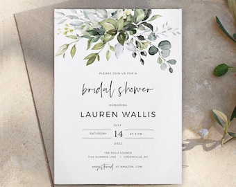 May include: A white bridal shower invitation with a watercolour illustration of green leaves and branches. The text reads "Please join us for a bridal shower honouring Lauren Wallis, Saturday, 14 July 2022 at 3 PM. The Polo Lounge, 1722 Summer Line, Greenville, NY. Registered at Amazon.com."