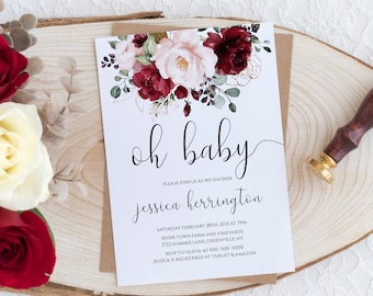 Red Floral Baby Shower Invitation Template, Printable Oh Baby Shower Invite (Editable Digital Download)