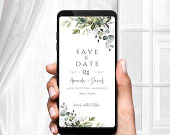 Plantilla de invitación digital para guardar la fecha / Diseño de eucalipto con vegetación / Anuncio de boda editable