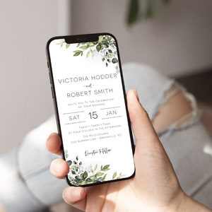 K&ouml;nnte beinhalten: Eine digitale Hochzeitseinladung mit einem gr&uuml;nen und wei&szlig;en floralen Design. Die Einladung lautet "Victoria Hodder und Robert Smith laden Sie zur Feier ihrer Hochzeit ein. Sa 15. Jan 2024 um 16:00 Uhr. The Polo Lounge 1722 Summer Line, Greenville, NY"