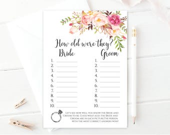 How old were they How old was the Bride and Groom Guess the Ages Engagement Bachelorette Activity Coed Wedding Shower Game DIY Pastel Blooms