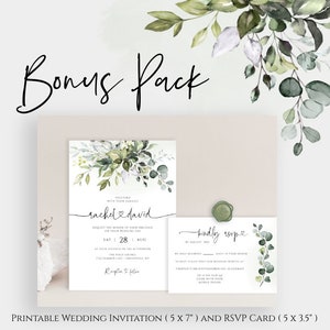 K&ouml;nnte beinhalten: Druckbare Hochzeitskarte und RSVP-Karte mit einem Aquarelldesign mit gr&uuml;nen Eukalyptusbl&auml;ttern. Die Einladung lautet "rachel & david" und die RSVP-Karte lautet "kindly RSVP".