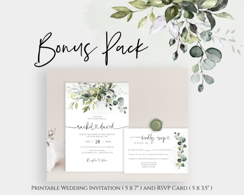 K&ouml;nnte beinhalten: Druckbare Hochzeitskarte und RSVP-Karte mit einem Aquarelldesign mit gr&uuml;nen Eukalyptusbl&auml;ttern. Die Einladung lautet "rachel & david" und die RSVP-Karte lautet "kindly RSVP".