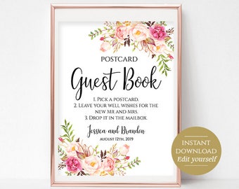 Postcard Guestbook Sign Printable Guest Book Sign Wedding Guestbook Wedding Template PDF Instant Download 4x6, 5x7, 8x10 Pastel Blooms DIY