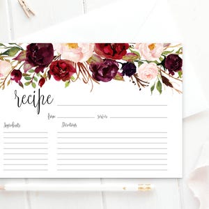 Floral Recipe Card: Burgundy Peonies, Modern Calligraphy (Digital PDF)