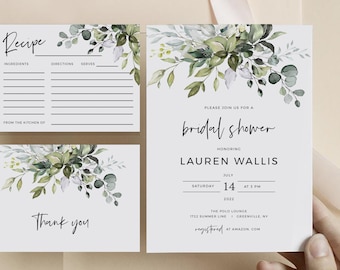 May include: A white card with green watercolor floral designs and the text "Please join us for a bridal shower honoring Lauren Wallis Saturday July 14 at 3 PM 2022 The Polo Lounge 1722 Summer Line Greenville, NY registered at Amazon.com"