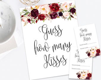 Printable Guess How Many Kisses In The Jar Sign Bridal Shower Game Sign Guessing Bridal Game DIY Instant Download Party Game Boho Chic