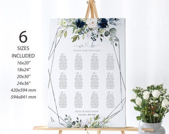 Navy Blue Greenery Wedding Seating Chart Poster Template: Editable Printable Sign ( Digital Download )
