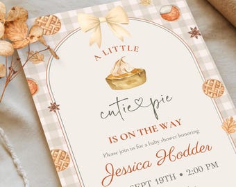 Redigerbar höstinbjudan till babyshower, Cutie Pie Gingham-inbjudan, Canva-mall, digital nedladdning, #PIE