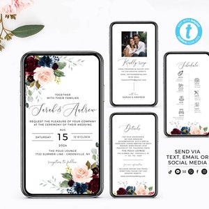Burgundy Blush Wedding Evite: Navy Floral Electronic Invitation (Digital Download), POM