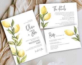Wedding Invitation Set, Printable Citrus Lemon Wedding Invite, RSVP  Details Card, Editable, Instant Download