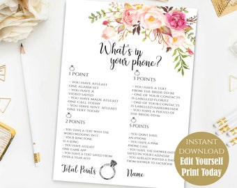EDITABLE What's In Your Phone Game Bachelorette Party Game Bridal Tea Party Bridal Cards Bridal Shower Activity Printable Game Pastel Blooms
