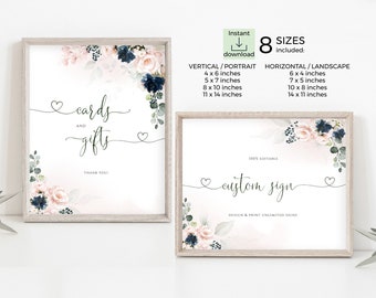 Custom Wedding Sign, Navy Blue Blush Pink Wedding Signage, 8 Sizes, Editable Template