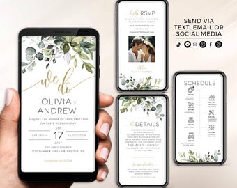 Electronic Wedding Invitation and RSVP, We Do Wedding Evite, Electronic Invitation, Digital Wedding Invite, Mobile Invitation, Greenery