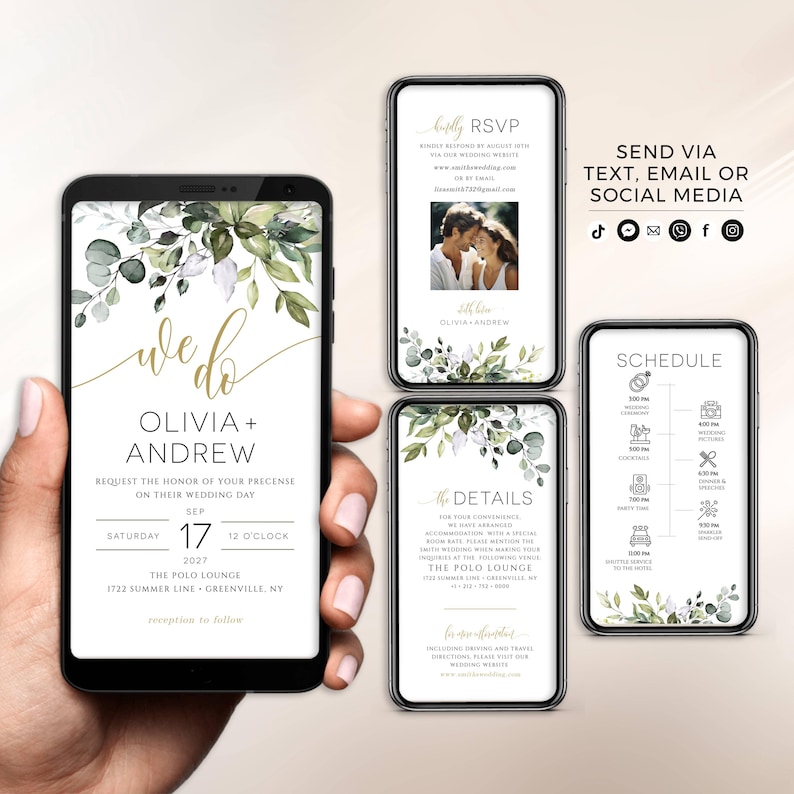 May include: A digital wedding invitation with a green and white floral design. The invitation includes the couple's names, "Olivia + Andrew", the date and time of the wedding, and the location. The invitation also includes a RSVP section and a schedule of events.