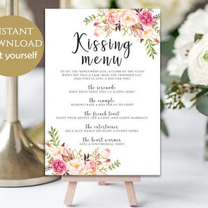 Kuss-Menü Druckbare Hochzeit Kuss-Menü Hochzeitsspiel Hochzeitsvorlage Bearbeitbares Druckbares Spiel PDF Sofortiger Download Pastellblüten DIY