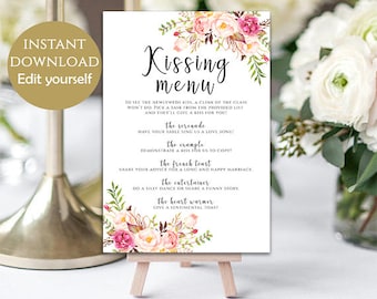 Kuss-Menü Druckbare Hochzeit Kuss-Menü Hochzeitsspiel Hochzeitsvorlage Bearbeitbares Druckbares Spiel PDF Sofortiger Download Pastellblüten DIY