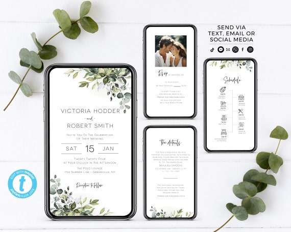 Electronic Wedding Invitation Set | Editable Template | Digital Wedding Suite with RSVP, Details, Timeline | E-vite Wedding Template | POE