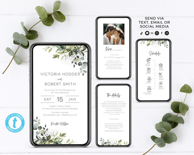 K&ouml;nnte beinhalten: Eine digitale Hochzeitseinladung mit einem gr&uuml;nen und wei&szlig;en floralen Design. Die Einladung lautet "Victoria Hodder und Robert Smith" und enth&auml;lt das Datum "Sa 15. Jan. Zwanzig Vierundzwanzig".