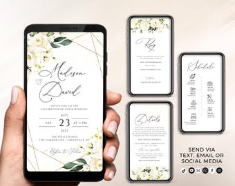 White Floral Digital Wedding Invitation Template: Editable Invite, RSVP, Details and Schedule (Digital Download)