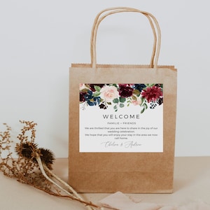 Burgundy Floral Wedding Welcome Bag Stickers (Instant Download, POM)