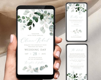 Eucalyptus Wedding Evite, Electronic Wedding Invitation, Instant Download, Editable Digital Template, Templett