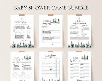 Pine Tree Baby Shower Game Bundle, Printable Editable Template, 12 Shower Games, Instant Download
