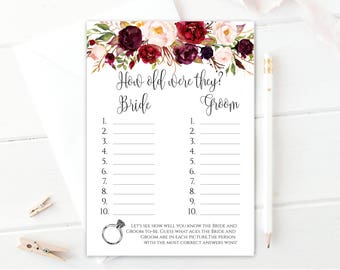 How old were they How old was the Bride and Groom Guess the Ages Engagement Bachelorette Activity Coed Wedding Shower Game DIY Boho Chic