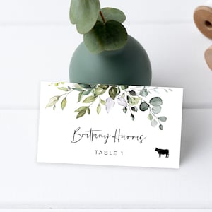 Eucalyptus Wedding Place Card Template, Editable Greenery Escort Card, Meal Icons, Instant Download, Templett, POE