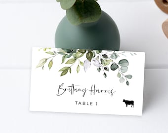 Eucalyptus Wedding Place Card Template, Printable Escort Card, Meal Icons, Instant Download, Editable, Templett, POE