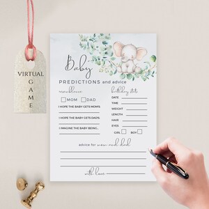 Prédictions et conseils pour bébé éléphant, jeu modifiable pour baby shower, téléchargement immédiat, modèle 100 % modifiable, EPI
