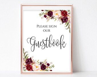 Printable Guest Book Sign, Guestbook Wedding Sign, Please Sign Our Guest Book, Instant Download, Boho Chic,  4x6, 5x7, 8x10