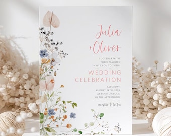 Wildflower Wedding Invitation Template Set: Editable Wedding Invite, RSVP, Program, Details and Evite (Digital Download)