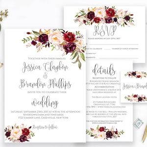 Maroon Red Wedding Invitation Template, Floral Wedding Invites, Printable Wedding Invite, Editable Invitation Template, Instant Download