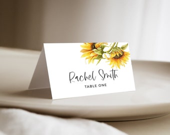 Sunflower Wedding Place Card Template: Printable and Editable Name Card with Meal Icons (Digital Download)