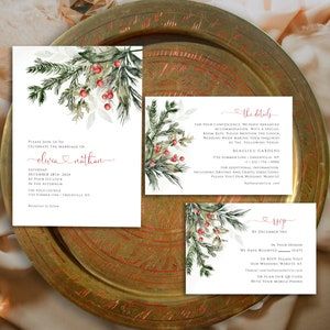 Puede incluir: Un conjunto de invitaciones de boda con un tema invernal. La invitación presenta una ilustración de acuarela de ramas de coníferas y bayas rojas. El texto dice "Por favor, únase a nosotros para celebrar el matrimonio de Olivia y Nathan" e incluye la fecha, la hora y el lugar de la boda. La tarjeta de detalles incluye información sobre el lugar de la boda, Beaulieu Gardens, y la tarjeta RSVP incluye una fecha límite para RSVP y una dirección de sitio web.