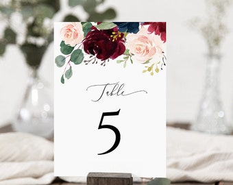 Burgundy Floral Wedding Table Number: Editable Printable Template (Digital Download, POM)